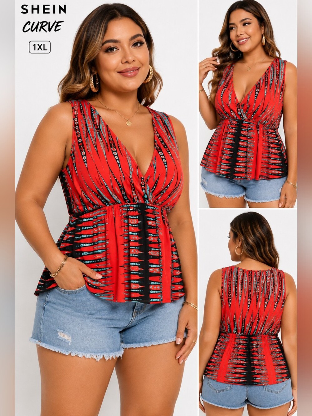 Curve V-Neck Red Sleeveless Peplum Top